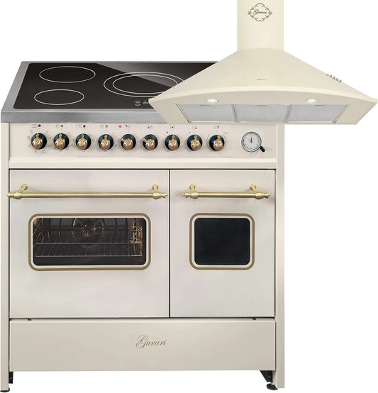 GURARI GCH E 912 DF Cr r+GCH C 046 BG 9, Estufa eléctrica de pie (90 cm, con 1 extracción telescópica, doble horno y campana extractora de 90 cm)