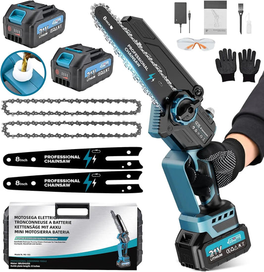 Mini Motosierra Bateria, 8000mAh Sierra Eléctrica Bateria Motor sin Escobillas 8 Pulgadas, con El Aceite y 2 Baterías, Árboles (1200W)