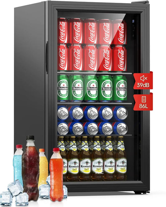WIE Nevera Pequeña, Refrigerador de Bebidas con Puerta de Vidrio, 3 Estantes Ajustables, Control Inteligente, Puerta Reversible