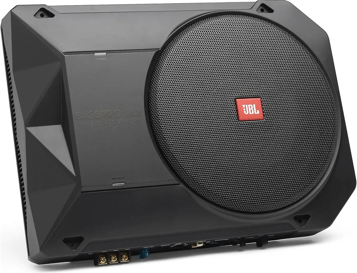 JBL BassPro SL2 Subwoofer coche activo de 8 pulgadas, caja subwoofer autoamplificado bajo el asiento del coche de 125 vatios de Harman Kardon