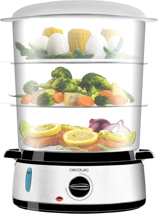Cecotec Vaporera eléctrica Vapovita 3000 Inox, 3 recipientes Independientes, Cuenco para Preparar arroz, Soportes para cocer Huevos, Gris, 800 W