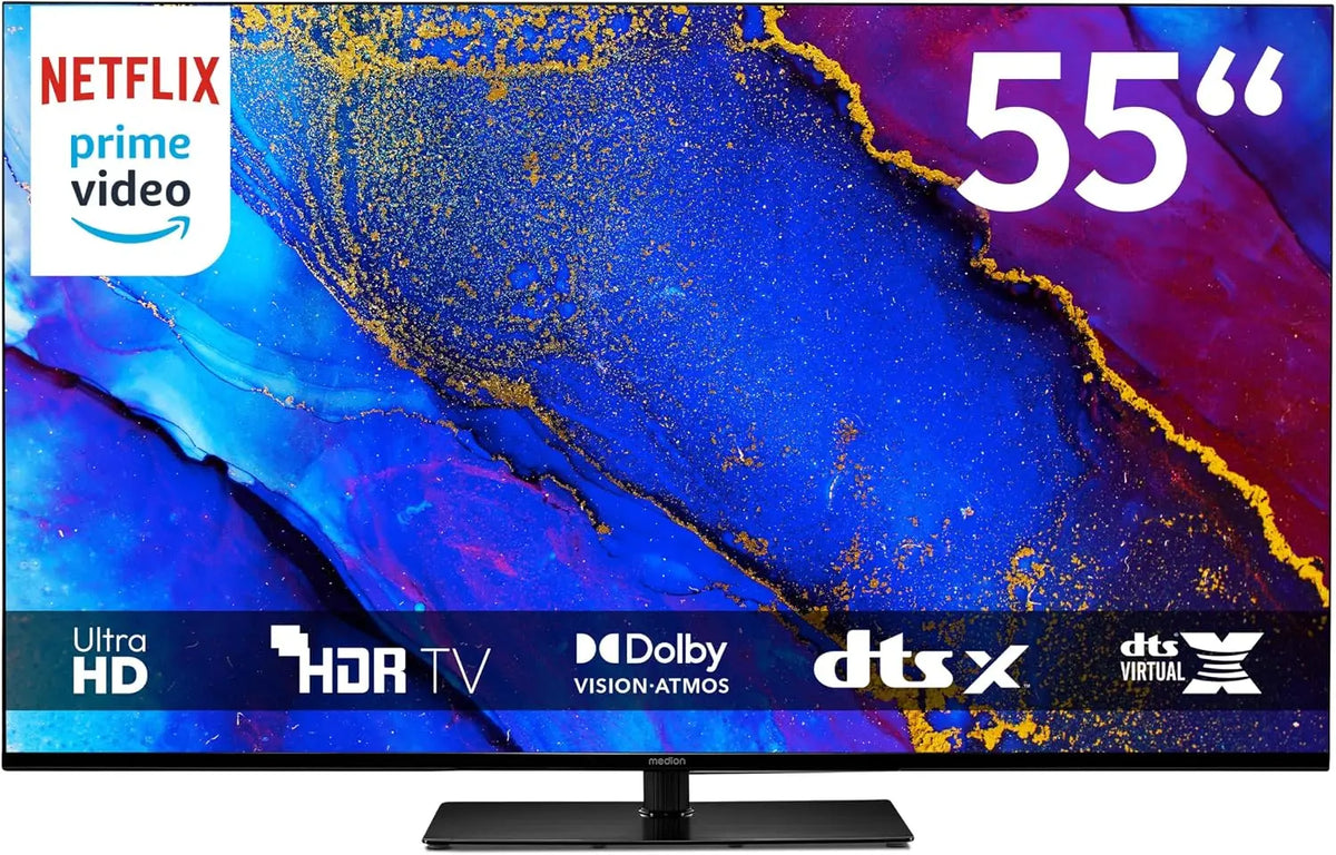 MEDION Televisor 138, 8 cm (55 Pulgadas) (inteligente TV, 4K, Dolby Vision HDR, Netflix, Prime Video, Disney+, Dolby Atmos, DTS X, PVR, Bluetooth